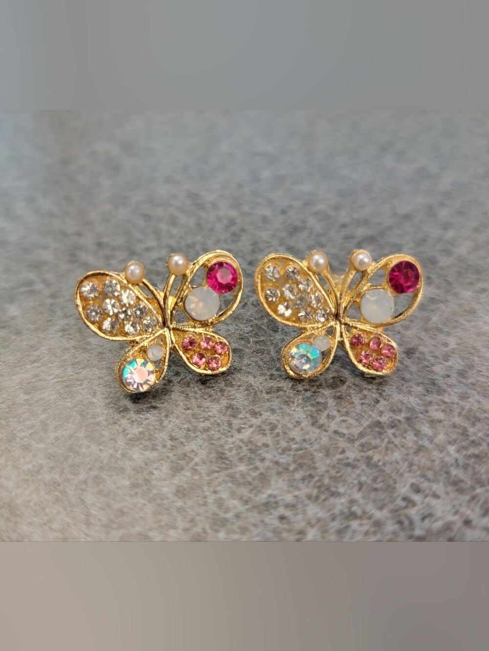 Fashion Jewelry Gold Butterfly Stud Earrings with Pink & Iridescent Stones